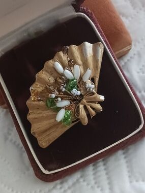 Vintage Fan Brooch with Green and White Jewel Accents